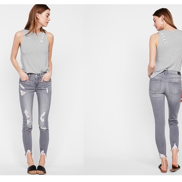 Express Denim - NWOT Gray Express destroyed jeans with raw hem